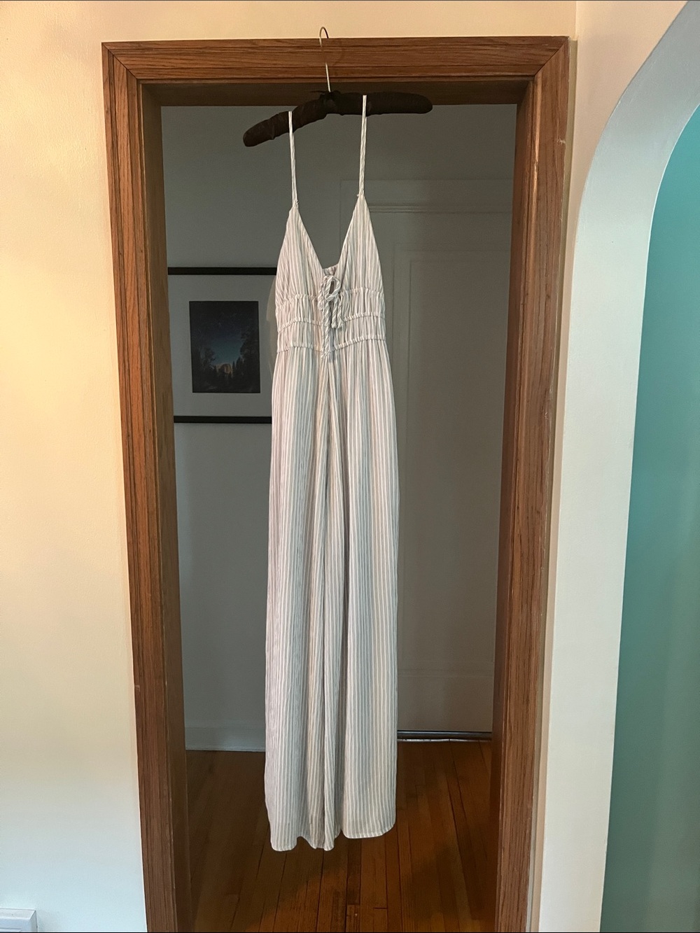 Hollister Light Green Striped Maxi Jumpsuit with Smocked Waist